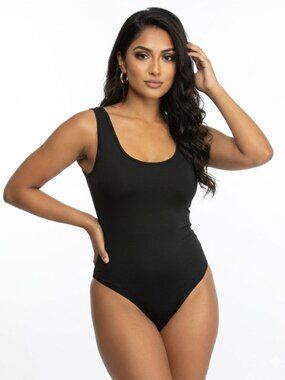 Black Scoop Neck Tank Bodysuit - Thong Back - Nylon Spandex